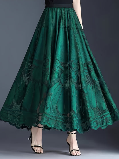 Elegant Women's A-Line Lace Skirt - Long Pleated Design with Intricate Floral Patterns, Lightweight Polyester, Ideal for Spring/Summer/Fall Events, Spring Summer Fashion|Aline Skirt|Polyester Fabric