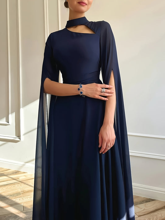 1pc Elegant Evening Long Dress with Cape Sleeves & Lace-Up Back - A-Line Stand Collar Solid Color Wedding Guest Gown, Machine Washable Spring/Summer Formal Dress for Women, Dresses for Wedding, Sophisticated Tailoring