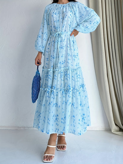 Stunning Floral Print Crew Neck A-Line Dress - Elegant Long Sleeve, Tiered Hem, Comfortable Fit, Versatile Occasion Wear - Womens Clothing for Everyday Elegance