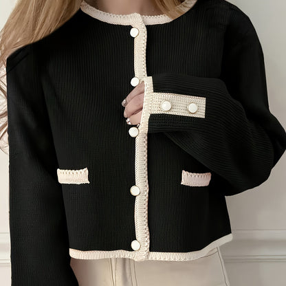 Women'S Elegant Cardigan - Black & Beige Two-Tone Sweater, Long Sleeve Open Front Button Closure, Fall/Winter Layering Piece for Casual Formal Outfits - Women'S Chic Sweater, Cardigan Sweater, Winter Fashion, Stylish Knitwear