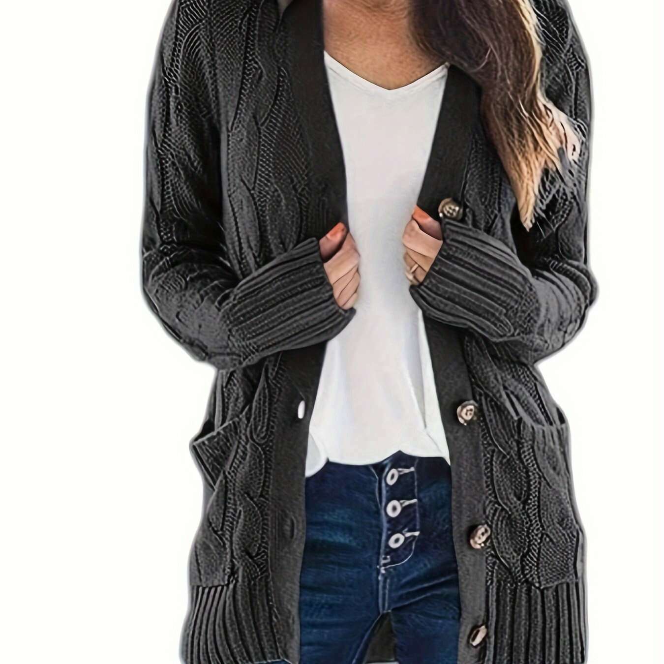 V-Neck Long Sleeve Knitted Cardigan with Pockets