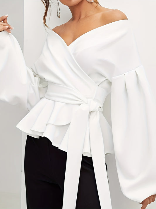 Elegant Off-Shoulder Blouse with Lantern Sleeves & Ruffle Hem