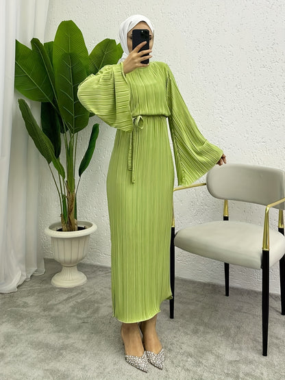 Solid Textured Belted Modest Dress, Elegant Flare Sleeve Simple Maxi Dress For Spring & Fall, Women's Clothing