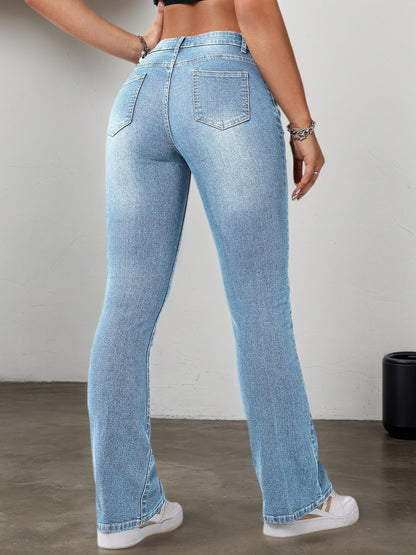 Women'S Stretchy Casual Flare Jeans - Versatile High-Waisted Bell Bottoms with Slash Pockets, Light Wash Blue, Comfortable & Stylish for All Seasons, High Waisted Jeans, Allseason Fashion, Elegant Design, Durable Fabric