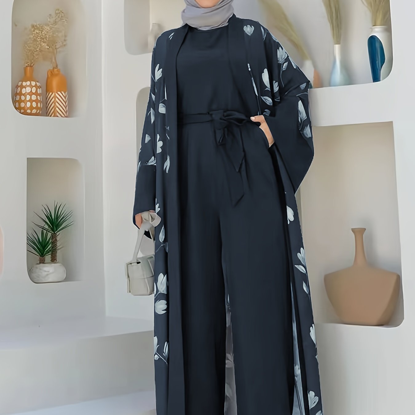 Middle Eastern Muslim Print Jumpsuit Two-Piece Set for Women Without Headscarf