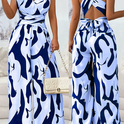 1pc Women'S Fashionable Random Print Backless Jumpsuit