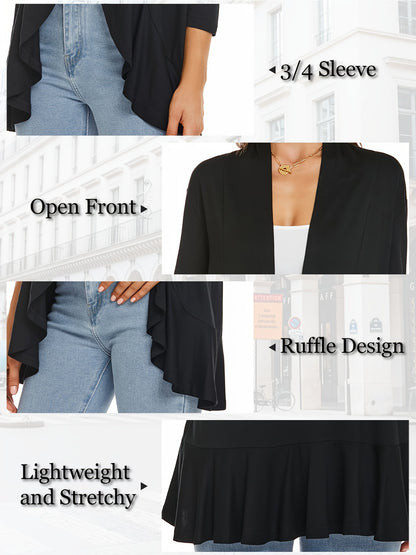 [Lightweight Ruffled Cardigan] Lightweight Women's Light Pink Ruffled Cardigan | Casual Open Front Sweater with Asymmetrical Hem, Long Sleeves, and Button Details for Fall & Winter