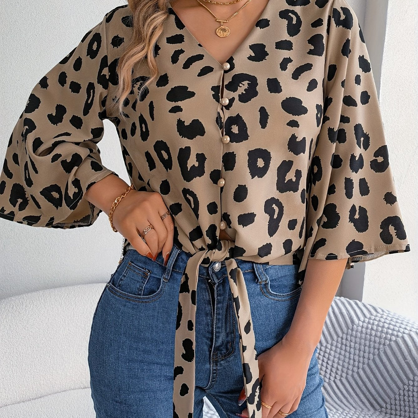 [Leopard Print Tied Bow Top] Elegant Leopard Print Spring & Summer Casual Women's Tied Bow Top