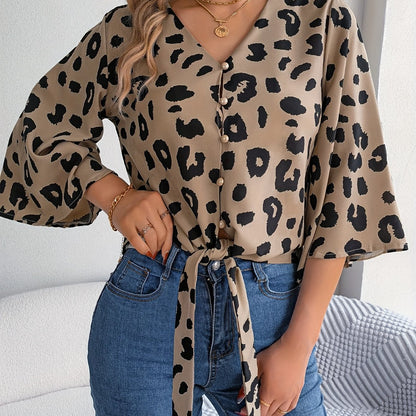 [Leopard Print Tied Bow Top] Elegant Leopard Print Spring & Summer Casual Women's Tied Bow Top