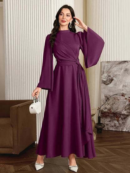 [Muslin Ramadan Dress] Ramadan Women's Evening Dress, Muslin Arabic Gown with Long Flared Sleeves, Stand Collar, Side Embellishments