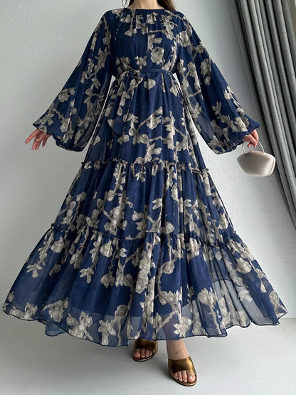 Women'S Elegant Black Floral Print Maxi Dress with Belt - Perfect for All Seasons, All-Season Dress | Floral Print Dress | Ruffled Hemline, Dress