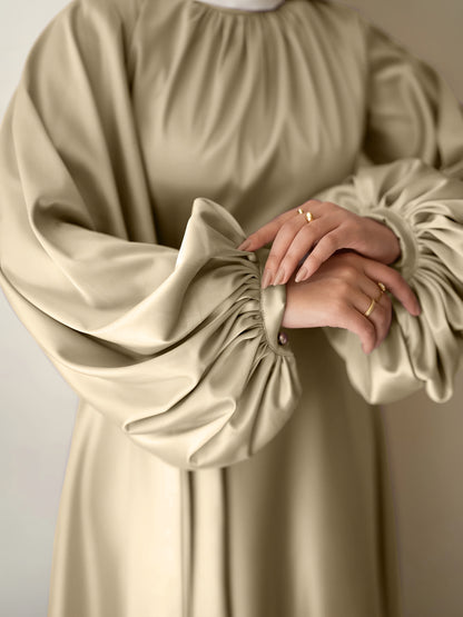Elegant Satin Abaya with Lantern Sleeves and Belt - Long, Flowing Maxi Dress for Women, Perfect for Festivals and Special Occasions, Festival Attire|Sleek Fitted Design|Polyester Fabric