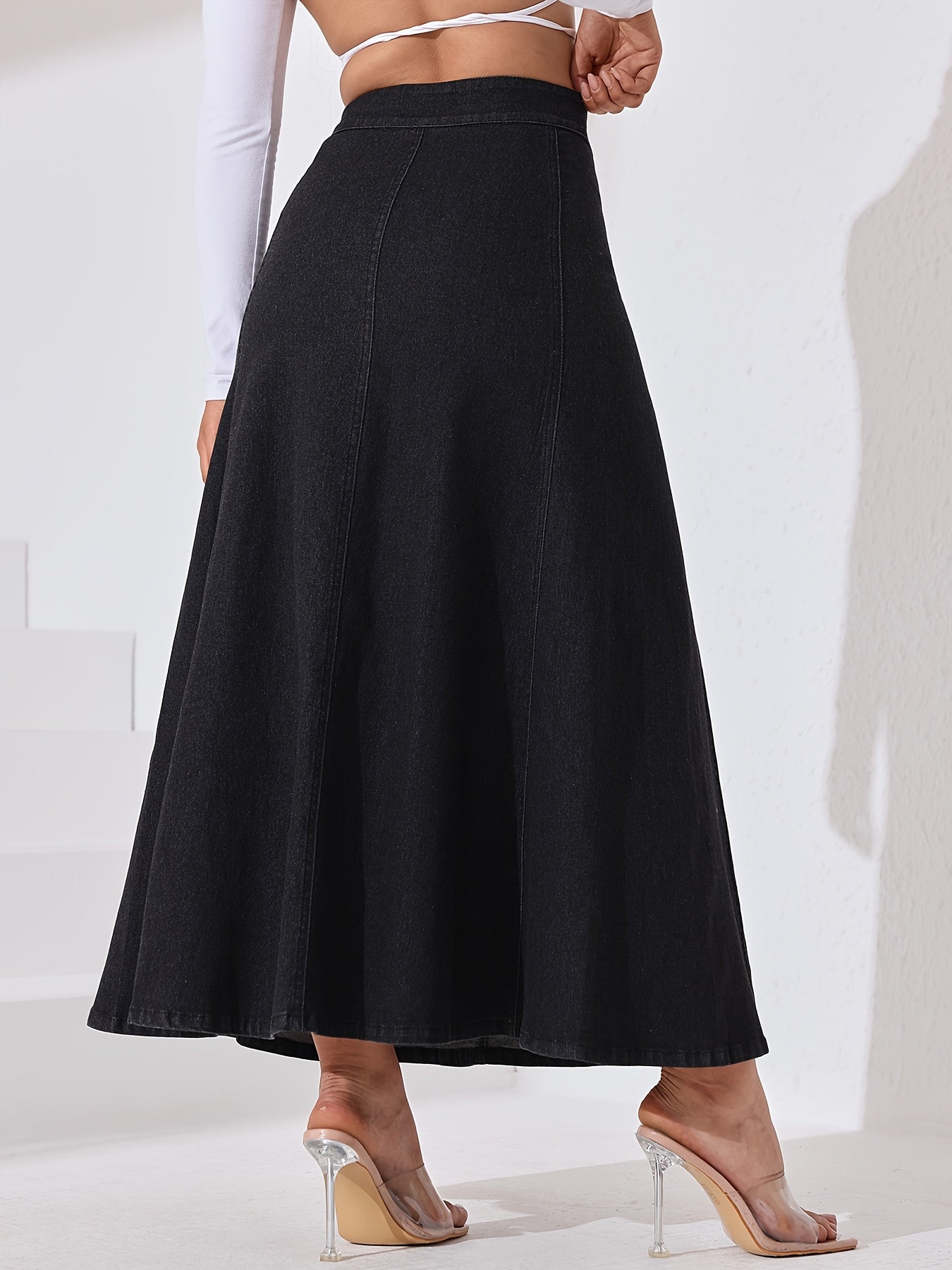 Women's Stretch Denim Midi Swing Dress with Elastic Front Buckle Closure - Streetwear Style Regular Fit Long Flowy Skirt, Machine Washable for Spring Summer Fall Casual Outfits, Seasonal Fashion, Elegant Texture