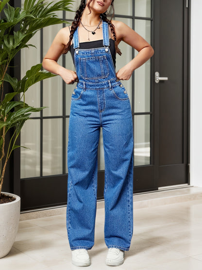 Women's Denim Overalls Jumpsuit - Loose Fit Long Romper with Pocket & Side Pockets, Adjustable Shoulder Straps & Belt Loop Waist, Sleeveless Solid Color Casual Chic Outfit for All Seasons, Versatile Clothing, Secure Button Cl