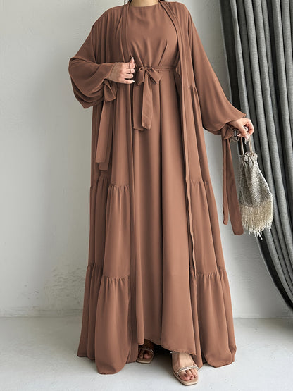 [Brown Abaya Dress] Modest Brown Abaya Dress with Cape Cover | Adjustable Waist Tie Belt, Machine Washable, Breathable Material, Hijabi Style, Casual Attire, Lightweight Fabric, All-Season Wear, Versatile Layering Piece, Flow