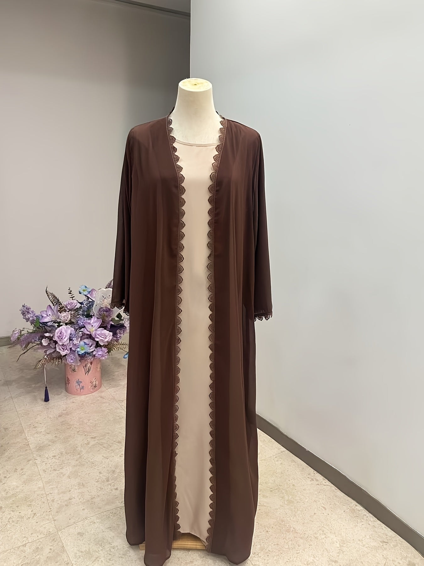 Middle Eastern Muslim Fashion Long Sleeve Embroidered Contrast Lace Abaya Dress with Hijab Three-Piece Set