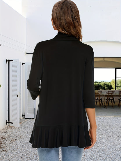[Lightweight Ruffled Cardigan] Lightweight Women's Light Pink Ruffled Cardigan | Casual Open Front Sweater with Asymmetrical Hem, Long Sleeves, and Button Details for Fall & Winter