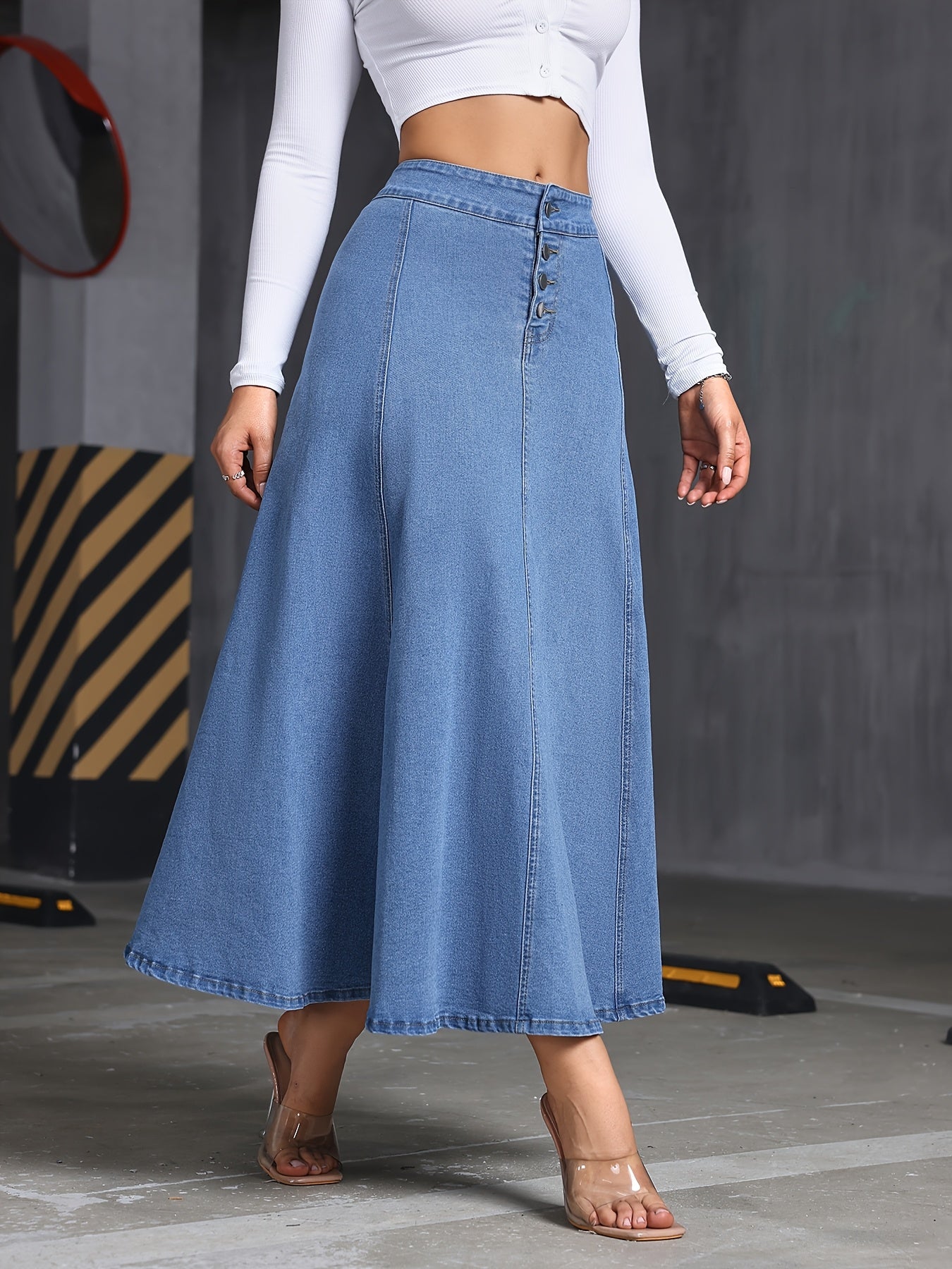 Women's Stretch Denim Midi Swing Dress with Elastic Front Buckle Closure - Streetwear Style Regular Fit Long Flowy Skirt, Machine Washable for Spring Summer Fall Casual Outfits, Seasonal Fashion, Elegant Texture