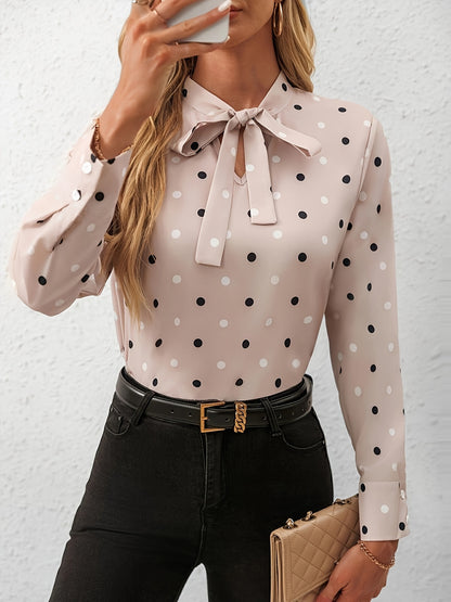 Women's Polka Dot Bowknot Collar Shirt - Long Sleeve Polyester Top, Machine Washable & Wrinkle-Resistant, Elegant Office & Casual Wear for Spring Summer Fall, Casual Latest Design Collar Shirts, Seasonal Fashion, Easycare Clo