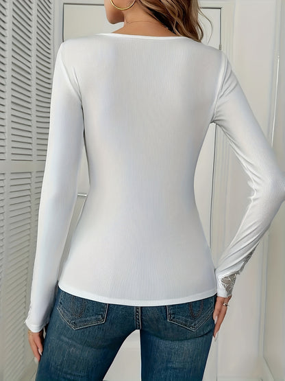 [Elegant Lace Blouse] Elegant Women's Blouse - Long Sleeve Formal Party Tops with Rhinestone Accents, Delicate Lace Detailing | Machine Washable, Non-Transparent Fabric for Evening Wear, Office Attire, Chic Fashion, Working W