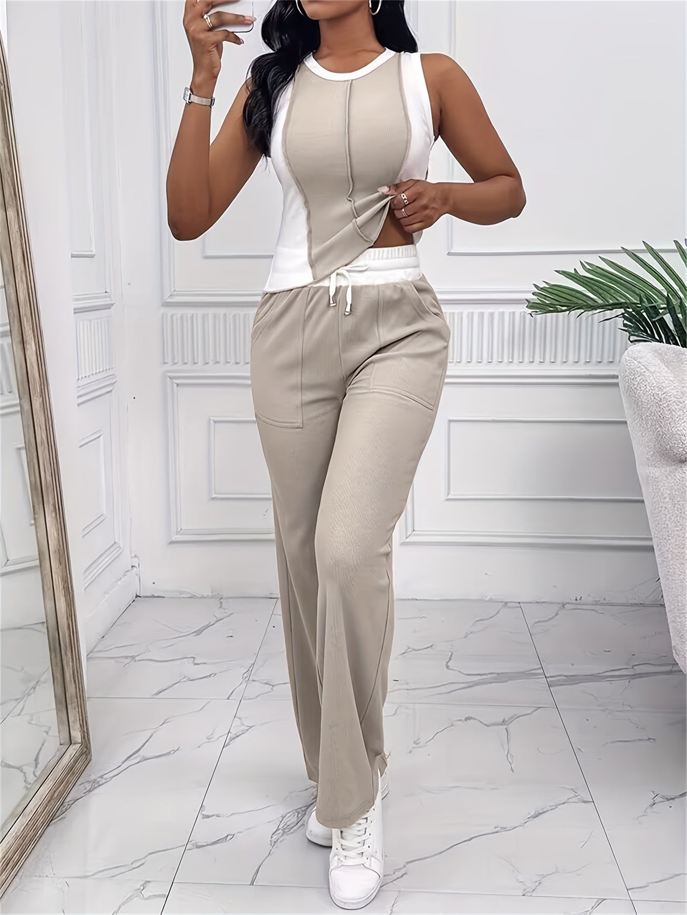 Casual Color Block Pantsuit – Drawstring Waist Set