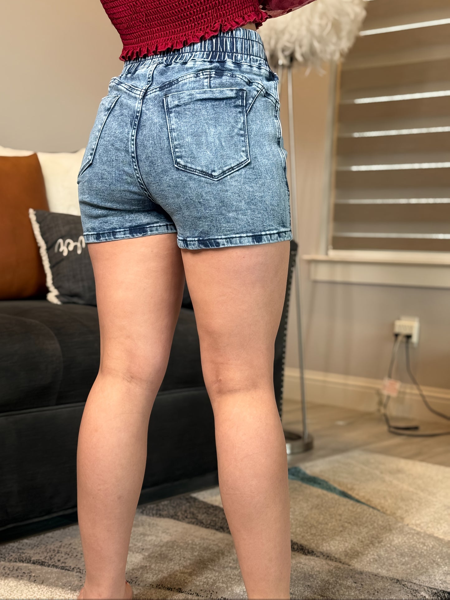 Women's High-Waisted Stretch Denim Shorts with Elastic Waistband & Drawstring - Sexy, Slim Fit, Light Wash, Blend, Spring/Summer Casual Wear, Stylish Leisure Attire | Highwaisted Shorts | Glossy Texture