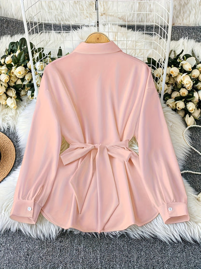 Retro Style Women's Loose Long Sleeve Casual Outdoor Top Fashion Shirt with Belt