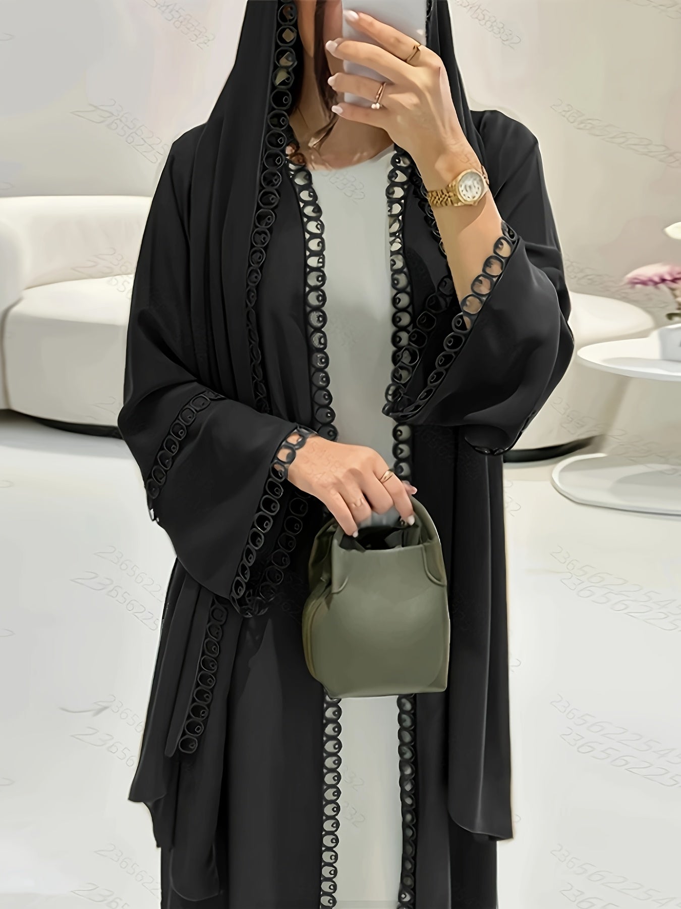 [Elegant Abaya] Breathable Polyester Elegant Abaya with Lace Trim and Slit, Long Sleeve, Perfect for Spring/Summer/Fall - Includes Matching Headscarf, Ideal for Casual or Formal Occasions
