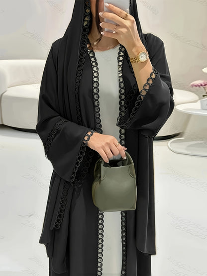 [Elegant Abaya] Breathable Polyester Elegant Abaya with Lace Trim and Slit, Long Sleeve, Perfect for Spring/Summer/Fall - Includes Matching Headscarf, Ideal for Casual or Formal Occasions