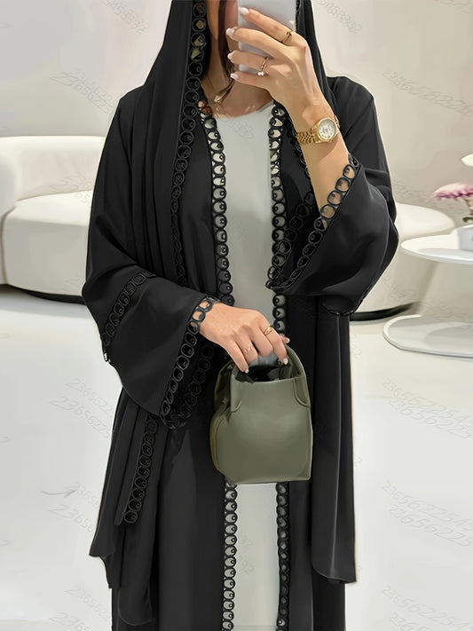 [Elegant Abaya] Breathable Polyester Elegant Abaya with Lace Trim and Slit, Long Sleeve, Perfect for Spring/Summer/Fall - Includes Matching Headscarf, Ideal for Casual or Formal Occasions