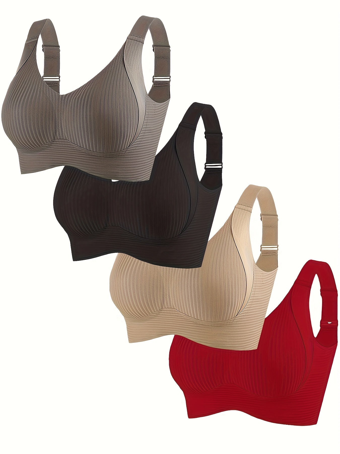 4pcs Women'S Seamless Bra - Elegant Solid Color, Wide Straps And Built-In Bra, Comfortable And Breathable Wireless Support, Non-Padded Ribbed Texture - Available in White, Beige, Black, Brown, Medium Support Bra|Seamless Unde