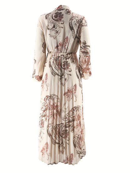 Stunning Floral Print Maxi Kaftan Dress - Modest Long Sleeve, Pleated, Flowy, Polyester, Machine Washable, Random Printing, Middle Eastern Style - Perfect for All Seasons