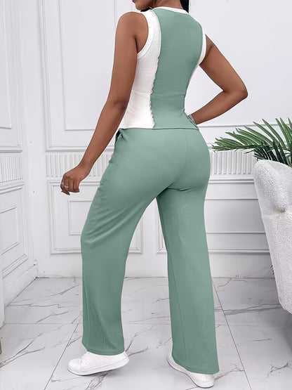 Casual Color Block Pantsuit – Drawstring Waist Set