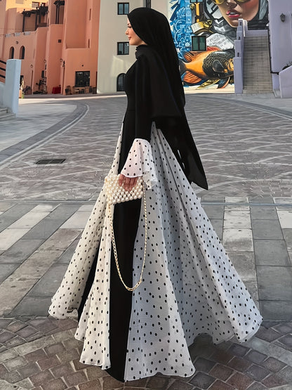 [Elegant, Women's Long Dress] Long Sleeve Women's Elegant Middle Eastern-Inspired Polka Dot & Color-Block Dress | Machine Washable, All-Season, Versatile for Casual, Party, Vacation | Modest Traditional Attire, Chiffon Fabric