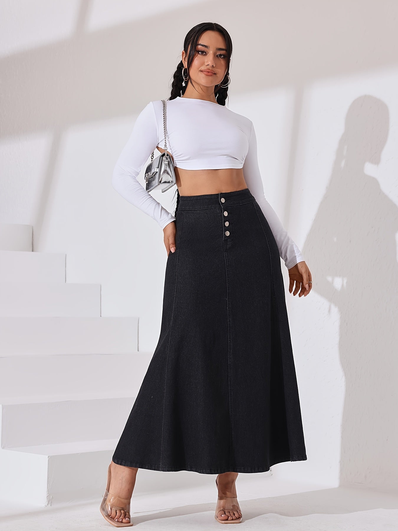 Women's Stretch Denim Midi Swing Dress with Elastic Front Buckle Closure - Streetwear Style Regular Fit Long Flowy Skirt, Machine Washable for Spring Summer Fall Casual Outfits, Seasonal Fashion, Elegant Texture