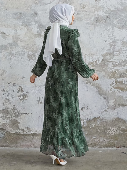 Stunning Floral Print Crew Neck Long Sleeve Abaya Dress - Elegant Ruffle Hem Maxi Length, Belted, Polyester, Machine Washable, Woven, Middle Eastern Style Womens Clothing for All Seasons