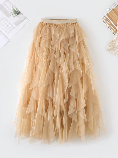 Chic Elegance, Elegant High-Waist A-Line Tulle Skirt for Women - Chic Korean-Style Spring Collection, Sheer Brown Polyester with Delicate Mesh Layers, Perfect for Summer Skirt