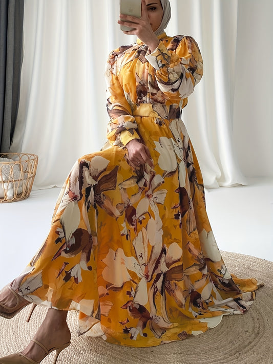 Elegant Chiffon Maxi Dress for Women - Color Block, Long Sleeve with Button Detail, Machine Washable - Perfect for Ramadan & All Seasons