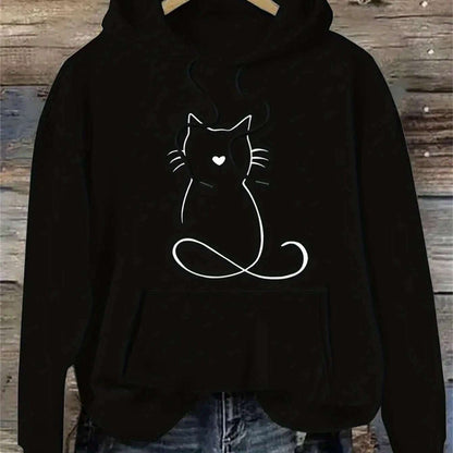 Cat Print Hoodie – Long Sleeve, Casual Kangaroo Pocket Sweatshirt