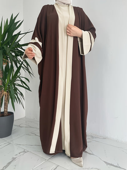 Women'S Middle Eastern Muslim Minimalist Solid Color Long Sleeveless Vest Dress + Contrast Color Long Cardigan Jacket Casual Fashion Party Vacation Versatile Two-Piece Set, Elegant Style, All-Season Wear, Modest Apparel, Eleg