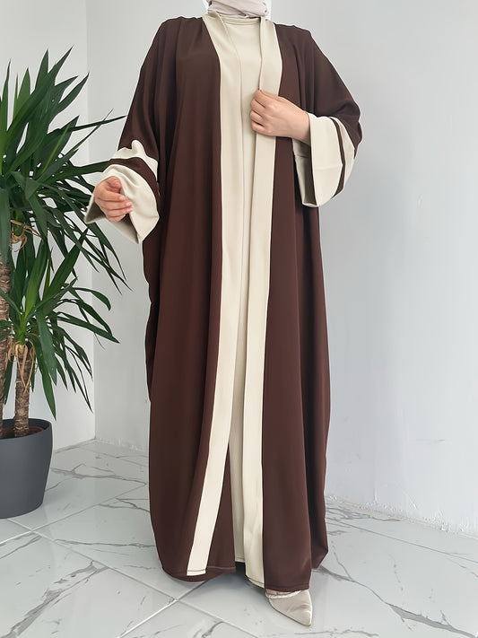 Women'S Middle Eastern Muslim Minimalist Solid Color Long Sleeveless Vest Dress + Contrast Color Long Cardigan Jacket Casual Fashion Party Vacation Versatile Two-Piece Set, Elegant Style, All-Season Wear, Modest Apparel, Eleg