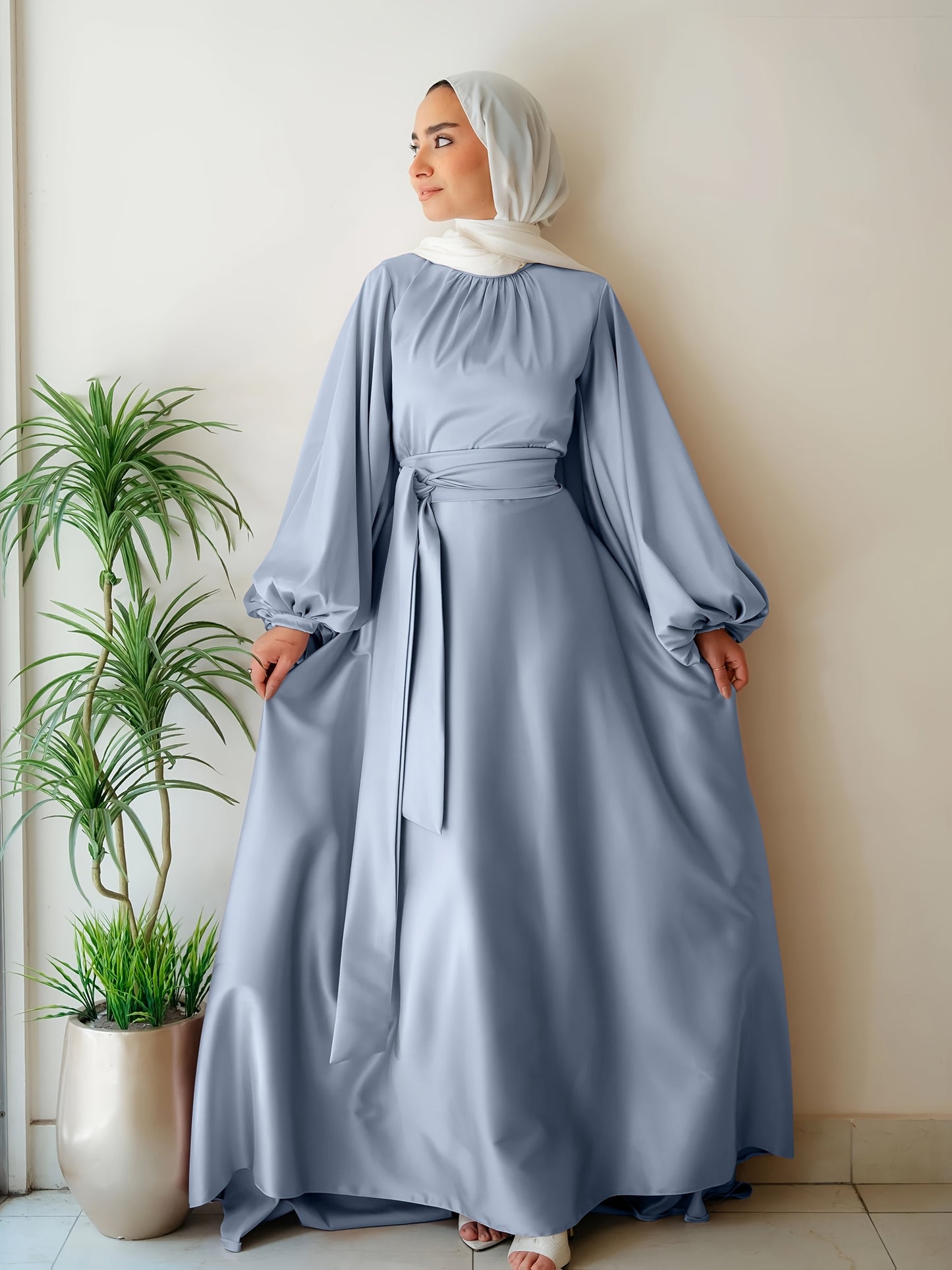 Elegant Satin Abaya with Lantern Sleeves and Belt - Long, Flowing Maxi Dress for Women, Perfect for Festivals and Special Occasions, Festival Attire|Sleek Fitted Design|Polyester Fabric