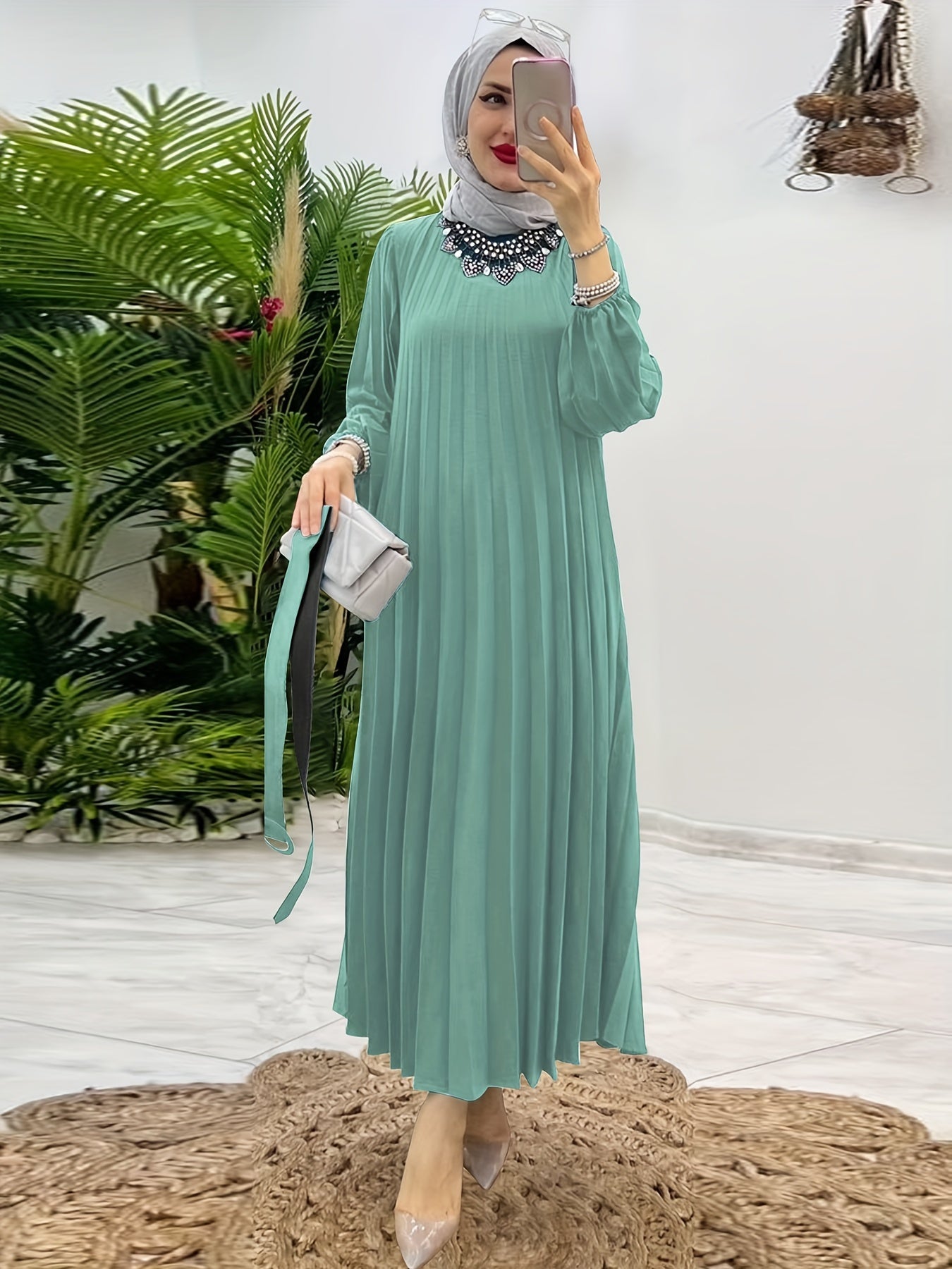 [Elegant Abaya] Elegant Mint Green Abaya | Women's Middle Eastern Modest Dress, Long Sleeve, Floor-Length, Belted Waist, Puff Sleeve, Machine Washable, Traditional, Solid Color, No Stretch Fabric, Casual & Formal Occasions