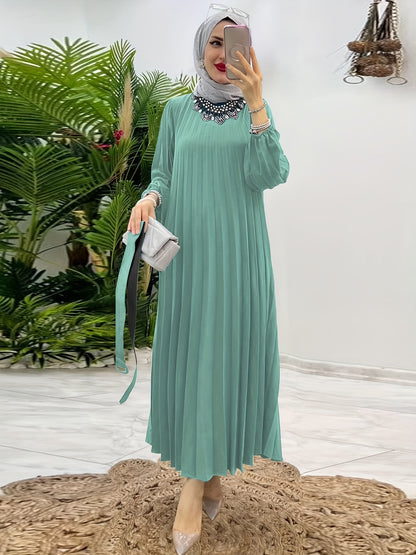 [Elegant Abaya] Elegant Mint Green Abaya | Women's Middle Eastern Modest Dress, Long Sleeve, Floor-Length, Belted Waist, Puff Sleeve, Machine Washable, Traditional, Solid Color, No Stretch Fabric, Casual & Formal Occasions