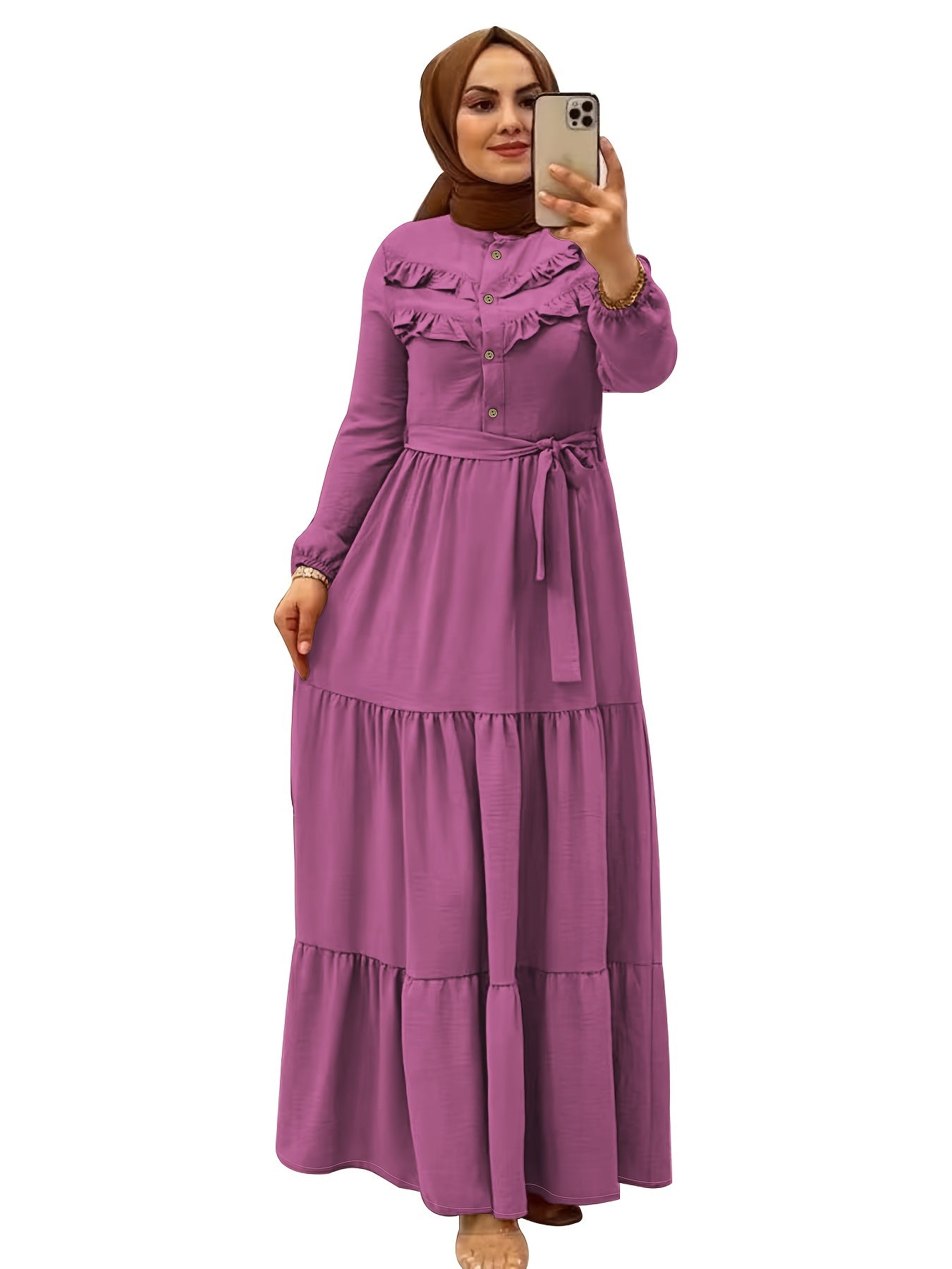 [Light Green Maxi Dress] Casual Light Green Polyester Maxi Dress - Elegant Solid Color with Ruffle Hem & Button Detail, Machine Washable - Hijab Not Included