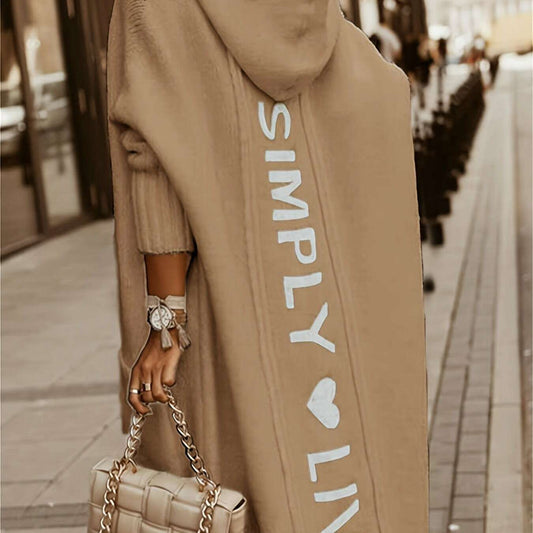 Hooded Casual Mid-Length Alphabet Print Open Front Cardigan