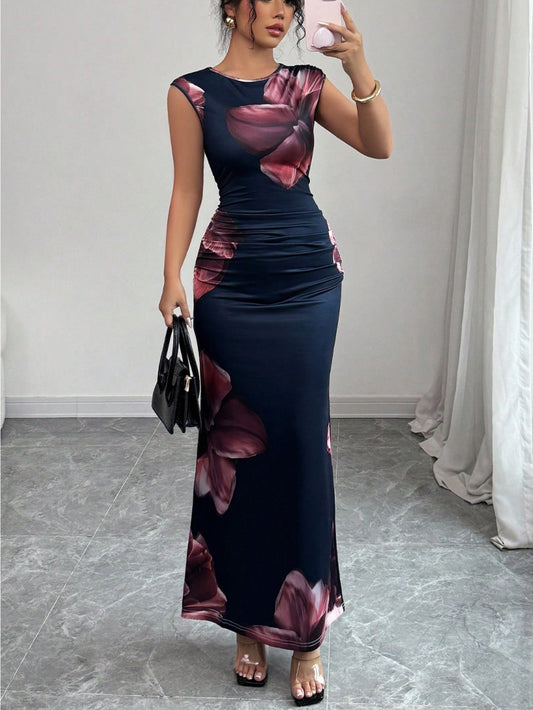 Women's Slim Fit Sleeveless Bodycon Dress - Dark Navy Blue Floral Print A-Line Mid-Length Dress, Machine Washable Elegant Party & Travel Dress for Spring Summer Fall, Tight Fitted Dress, Sophisticated Craftsmanship, Street St