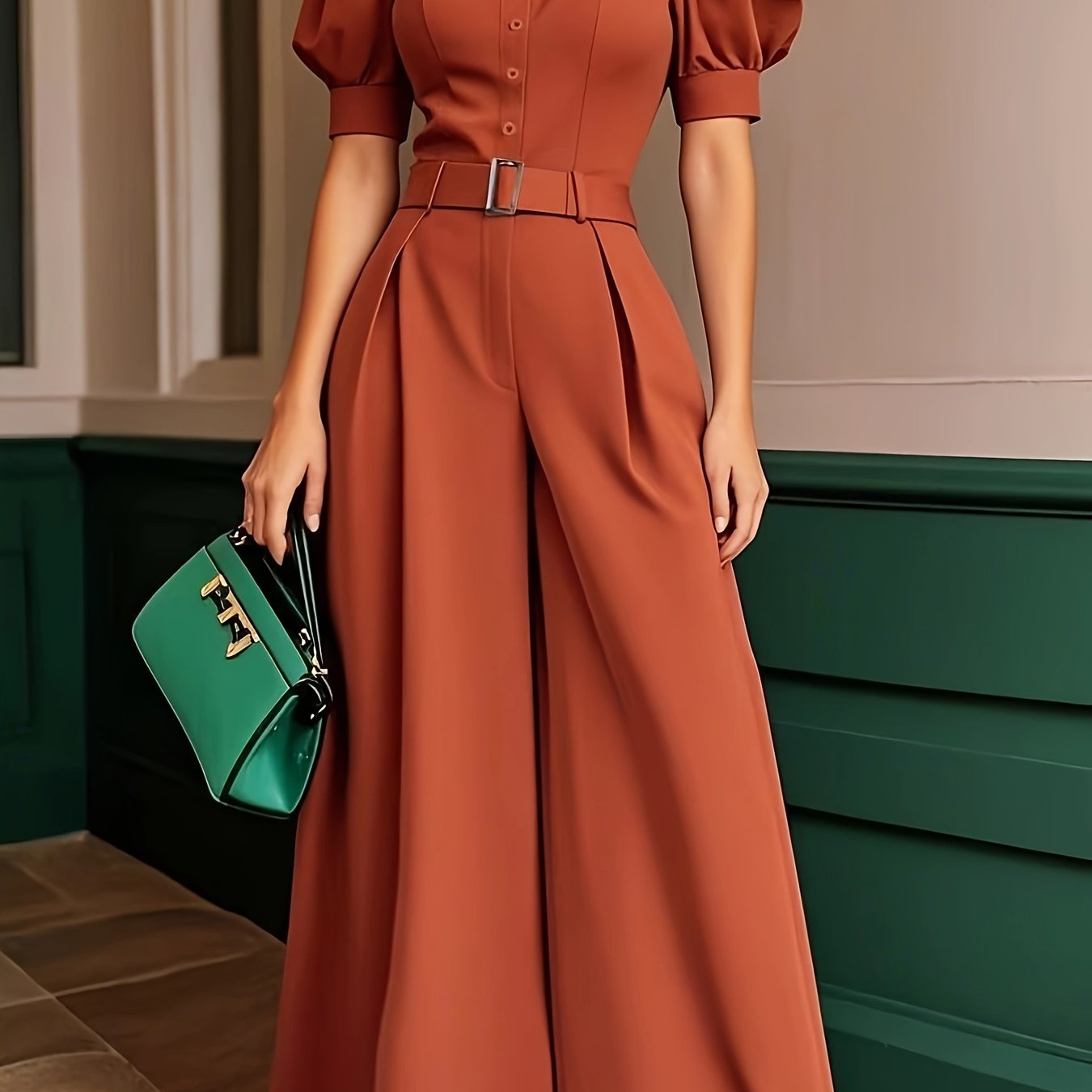[Mint Green Jumpsuit] Mint Green Loose-Fit Jumpsuit | Women's Summer Solid Color Machine-Washable Jumpsuit for Casual & Professional Outfits, Wideleg Outfit, Nonstretch Fabric