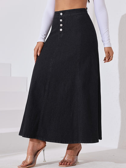 Women's Stretch Denim Midi Swing Dress with Elastic Front Buckle Closure - Streetwear Style Regular Fit Long Flowy Skirt, Machine Washable for Spring Summer Fall Casual Outfits, Seasonal Fashion, Elegant Texture