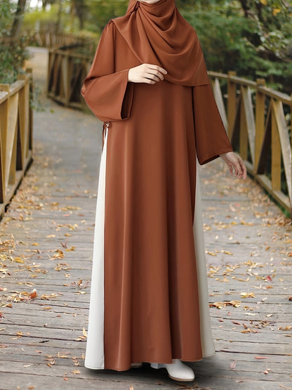 1pc Muslim Abaya Dress Long Sleeve Loose Fit A-Line with Black & White Color-Blocking & Orange Accents - Middle Eastern Elegance Adjustable Side Drawstring for Prayer, Casual, All-Season Wear (No Headscarf Included), Muslim D